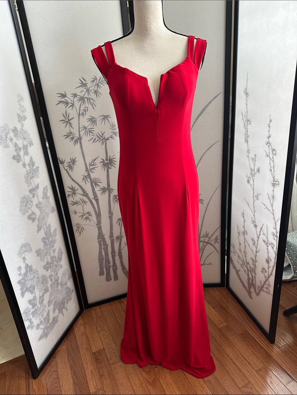 Xscape Red V-Neck Double-Strap Evening Gown